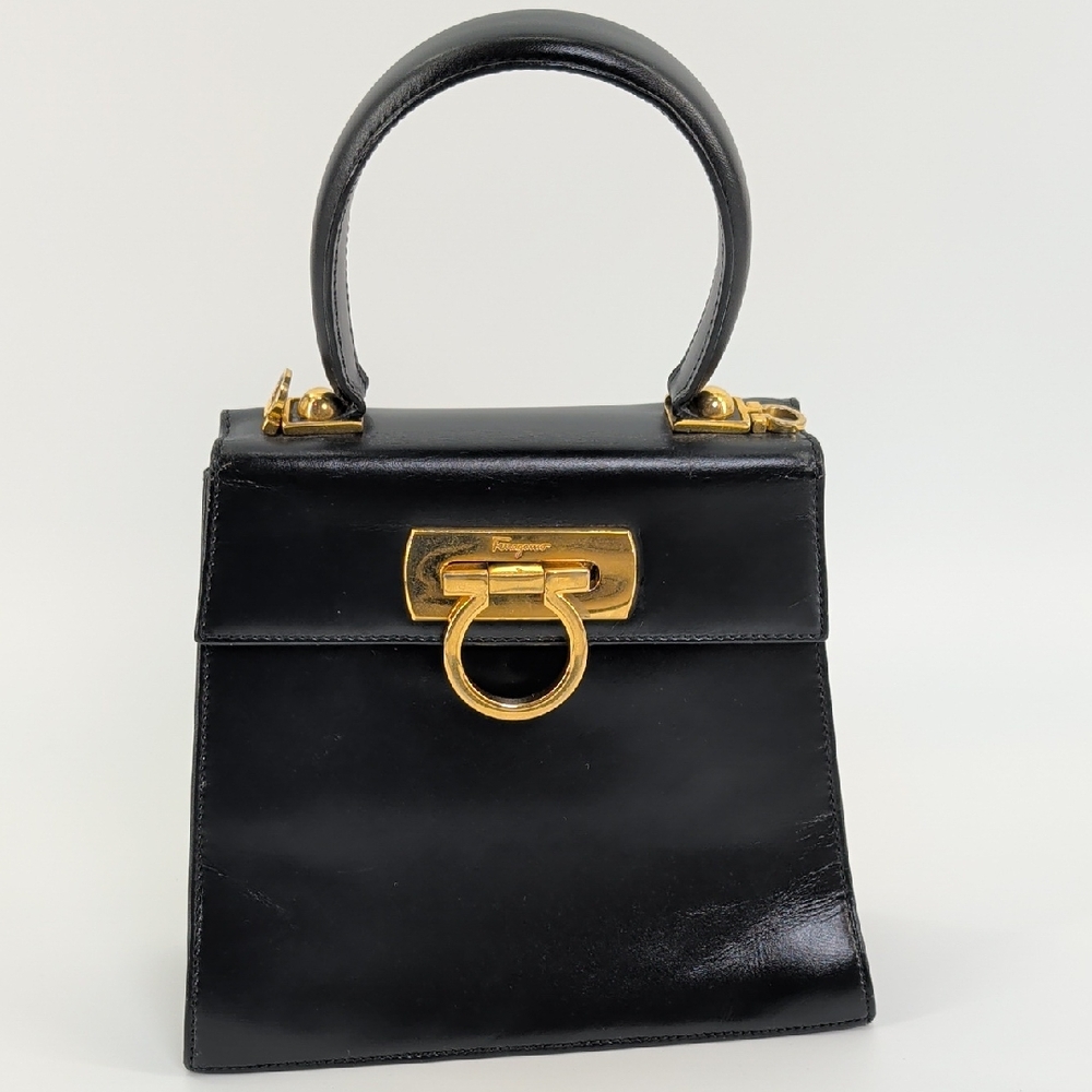 Salvatore Ferragamo Black Leather Top Handle Satchel with Gold Hardware